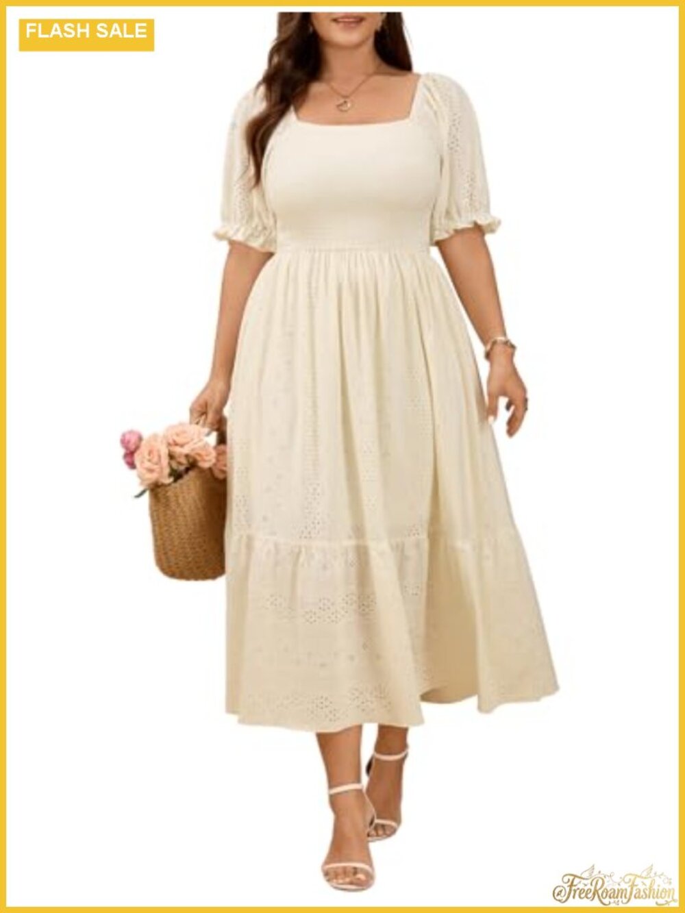 Plus Size Maxi Dress Embroidered A-Line Puff Sleeve Square Neck Casual